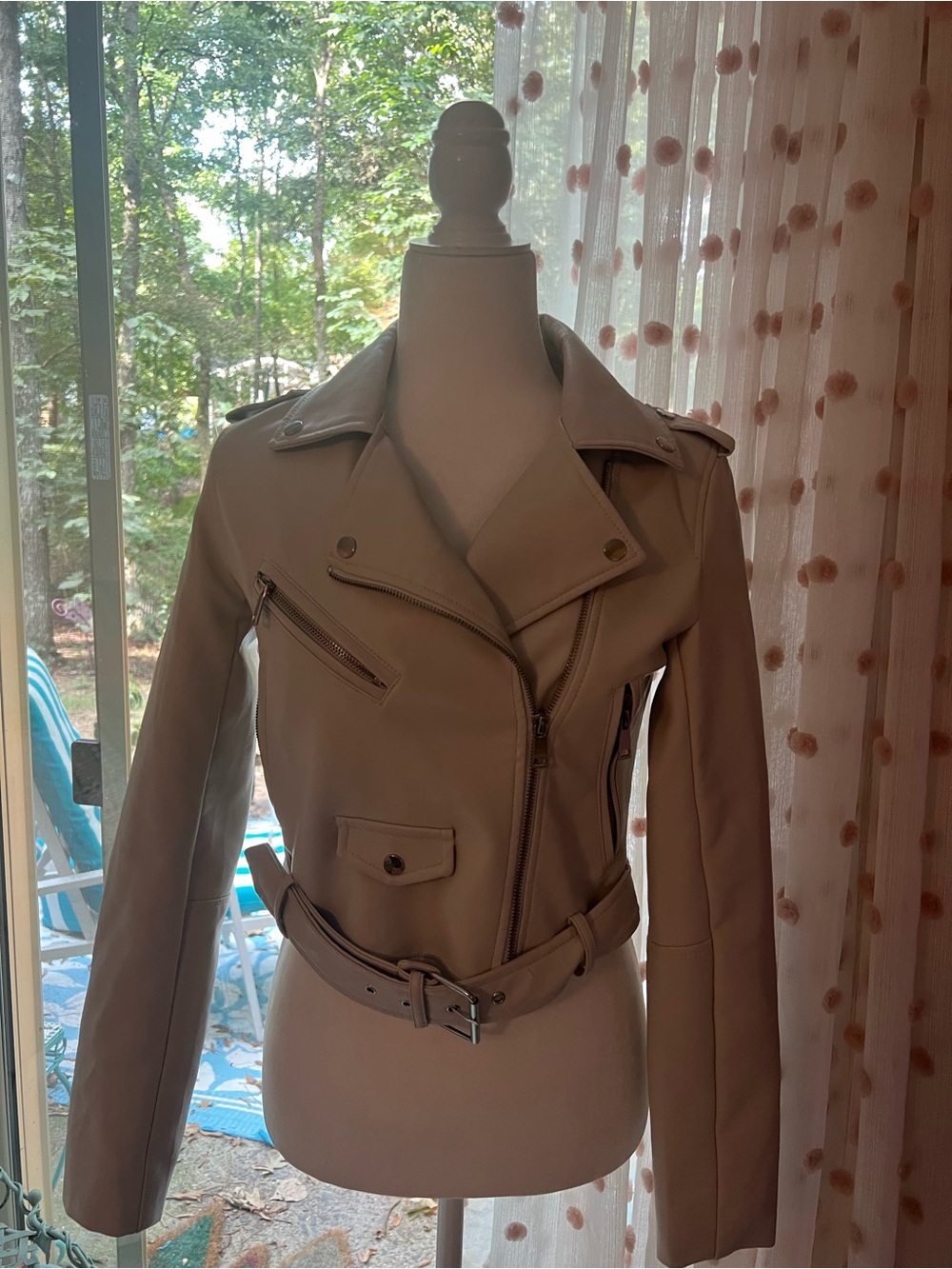 stradivarius Taupe Faux Leather Moto Jacket with Belt Detail